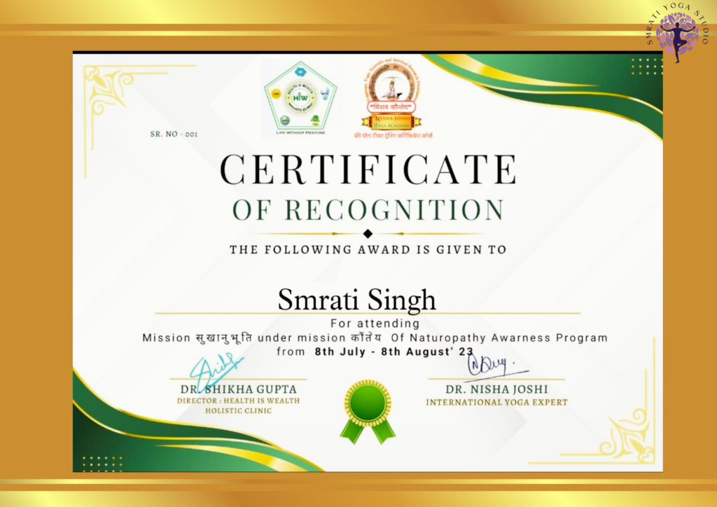 smrati yoga studio Certificate